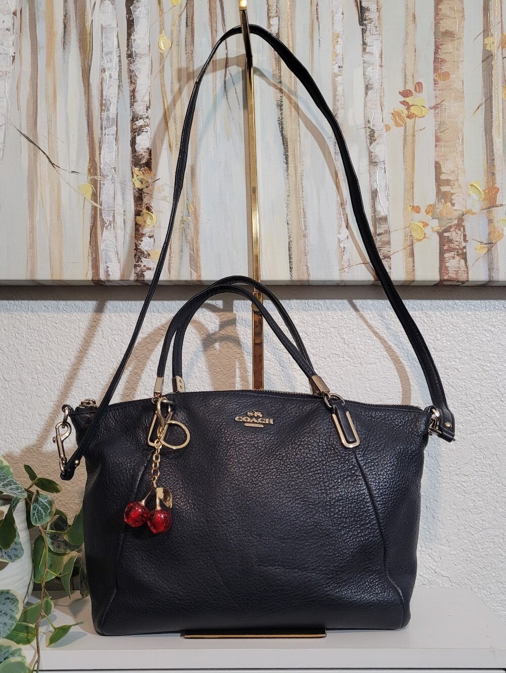 Coach Navy Blue Leather Shoulder Double Strap Tote with Cherry Charm